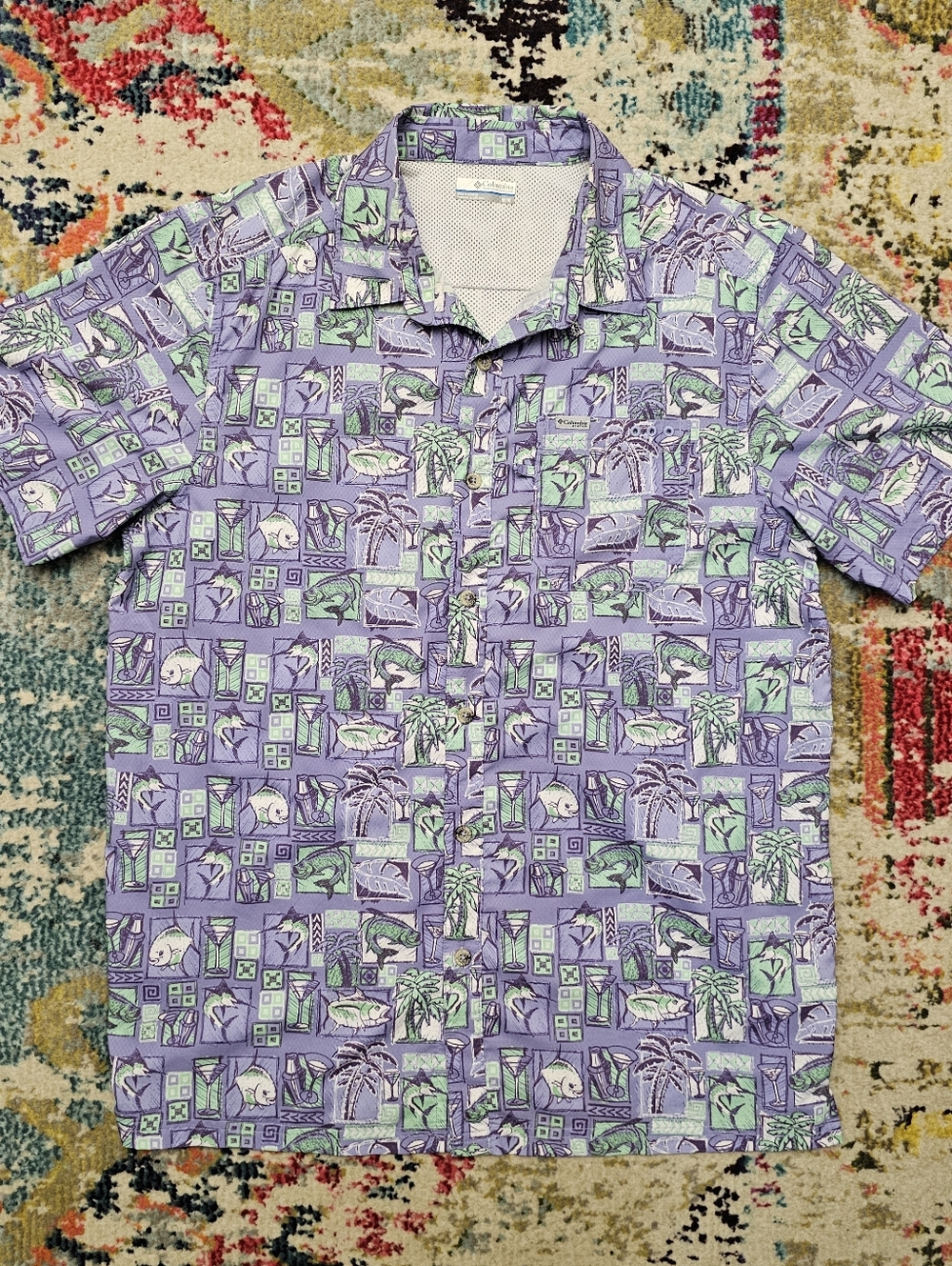 Columbia PFG Shirt Mens Medium Palm Marlin Fish Resort Cocktails Print Vented